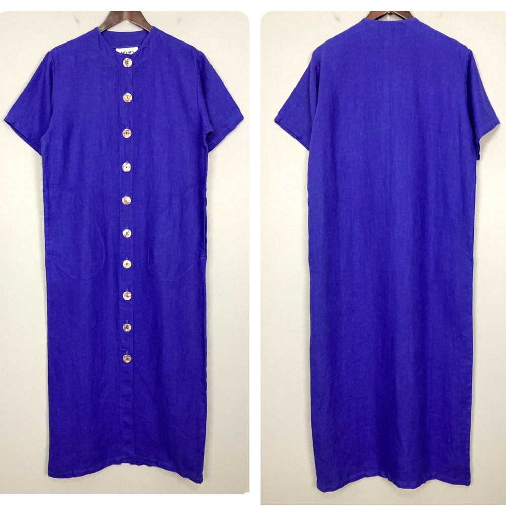 Vintage 100% Linen Maxi Dress Women’s Size S Button Front Straight Shift Column - Picture 1 of 9